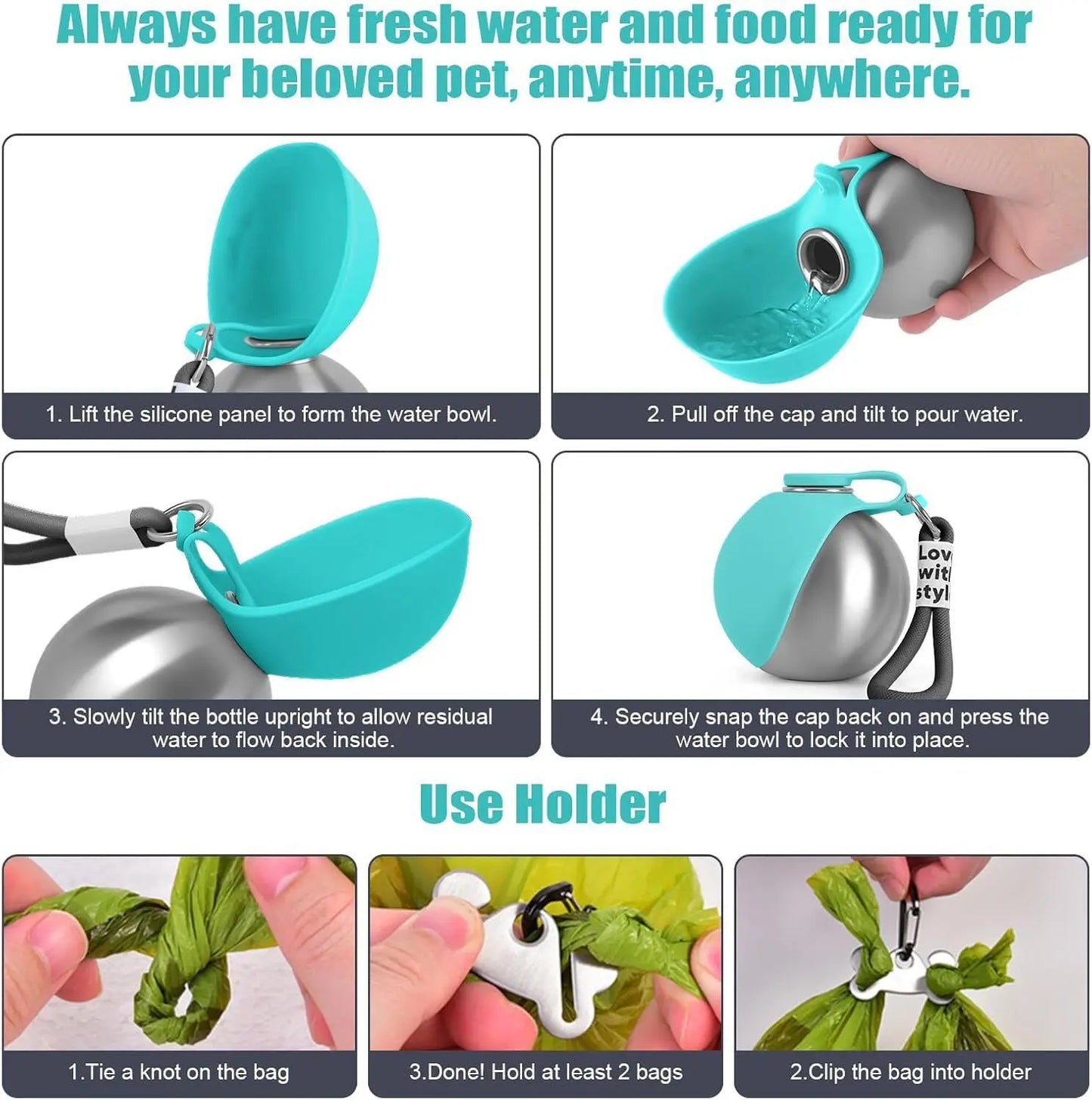 Stainless Steel Leak-Proof Dog Drinking Bottle with Silicone Bowl, 285ml - Ideal for Cats and Dogs During Walks and Hikes