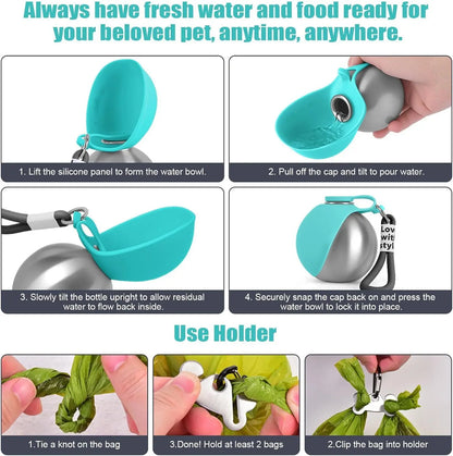 Stainless Steel Leak-Proof Dog Drinking Bottle with Silicone Bowl, 285ml - Ideal for Cats and Dogs During Walks and Hikes