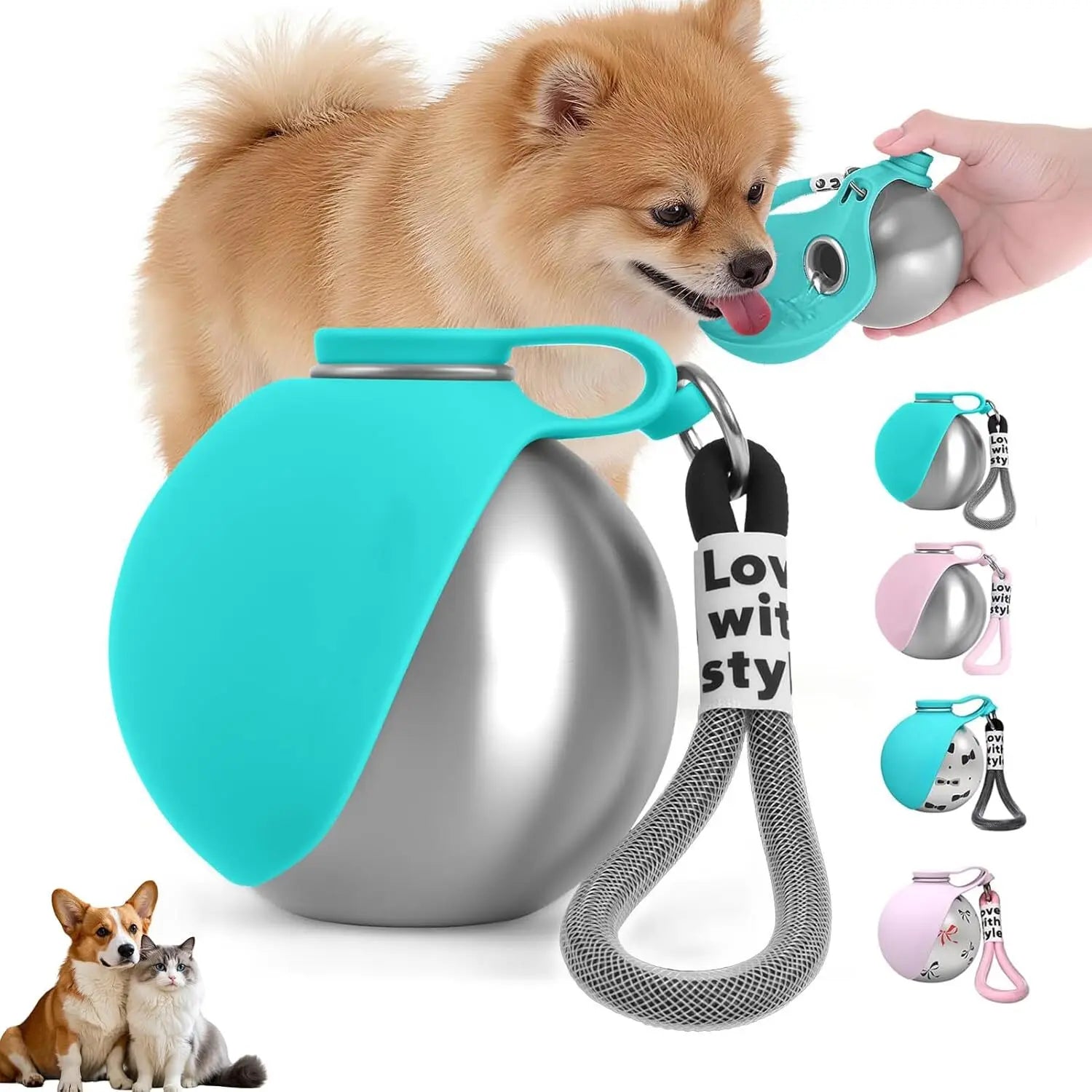 Stainless Steel Leak-Proof Dog Drinking Bottle with Silicone Bowl, 285ml - Ideal for Cats and Dogs During Walks and Hikes
