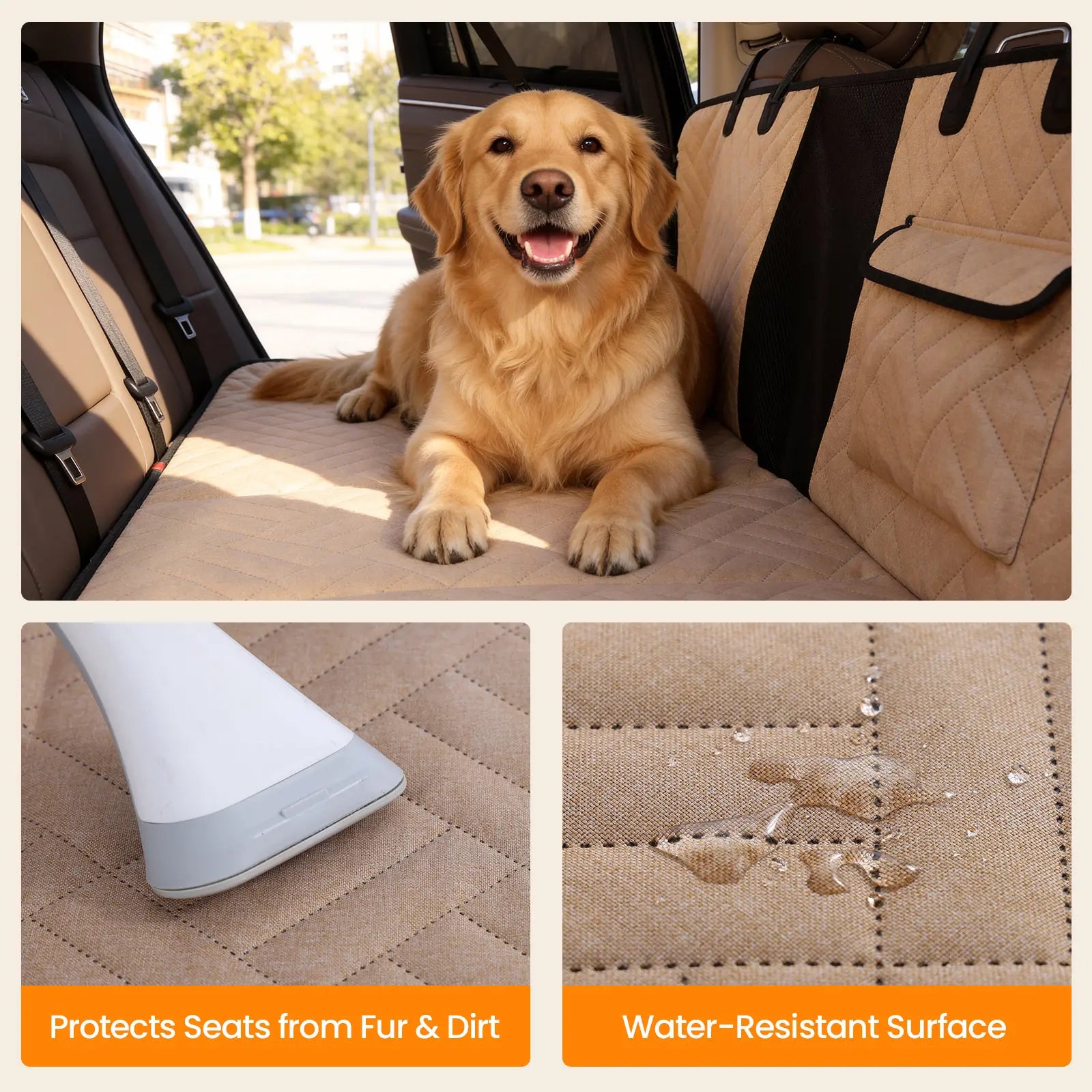VALUXE Waterproof Dog Car Seat Cover for Large Dogs - Full-Cover Back Seat Protector, Foldable Design, Beige/Black