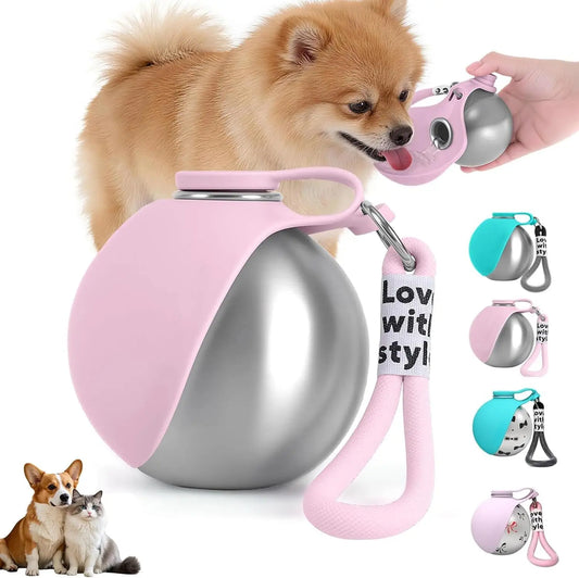 Stainless Steel Leak-Proof Dog Drinking Bottle with Silicone Bowl, 285ml - Ideal for Cats and Dogs During Walks and Hikes