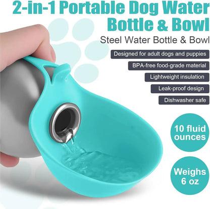 Stainless Steel Leak-Proof Dog Drinking Bottle with Silicone Bowl, 285ml - Ideal for Cats and Dogs During Walks and Hikes
